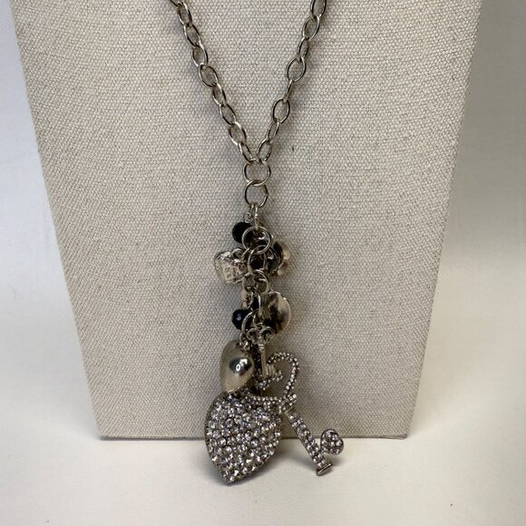 Heart Pendant Charm Necklace‎ Lock Key Love Silver-Tone Sparkle - Picture 2 of 7